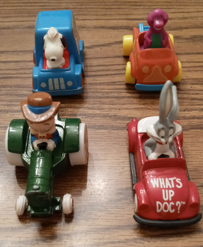 Lot of 4 Diecast Character Vehicles Bugs Bunny, Porky Pig, Snoopy, Barney Pic 1